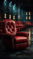 Elegant red leather armchair highlighted in a dimly lit lounge with an atmosphere of sophistication and comfort photo