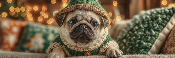 Cute pug wearing green sweater and hat poses on sofa surrounded by holiday decorations in cozy living room photo