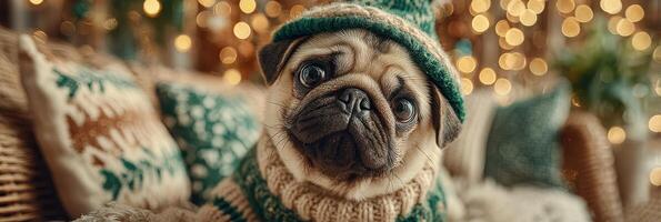 Cute pug wearing a cozy sweater and hat surrounded by warm holiday lights in a festive indoor setting photo
