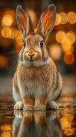 Cute rabbit sitting serenely with blurred golden lights in the background during a tranquil evening photo