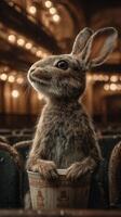 Curious rabbit enjoying snacks in an empty theater during a quiet afternoon photo