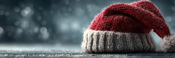 Festive red Santa hat resting on a snowy surface with a shimmering background during the holiday season photo