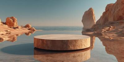 Serene coastal landscape with a circular platform reflecting in calm waters during sunrise photo