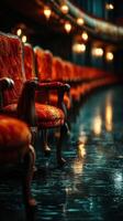 Elegant vintage chairs lined up in a dimly lit theater during an evening performance photo