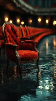 Elegant red chair positioned in a dimly lit theater with reflections on the polished floor photo
