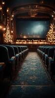 Elegant theater interior featuring festive decorations and empty seats before a performance photo