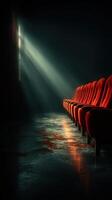 Empty theater row bathed in dramatic light creates an eerie atmosphere in a dimly lit room photo