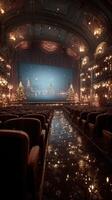 Elegant theater with festive decorations and a winter scene painted on stage in a cozy setting photo