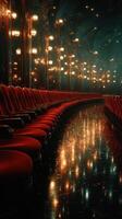 Elegant red velvet seats line a grand theater with shimmering lights reflecting on the polished floor at night photo