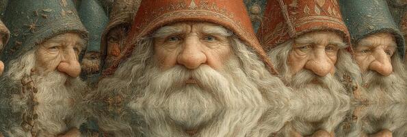 Intricate portrayal of wise old gnomes gathered in a mystical forest setting photo