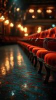 Empty red velvet seats in a dimly lit theater before a performance begins at night photo