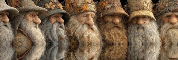 Seven distinct fantasy characters exhibit unique personalities with earthy textures and elaborate hats during a magical gathering photo