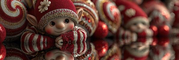 Charming holiday elves preparing for celebrations in a festive setting with bright ornaments and reflective surface photo