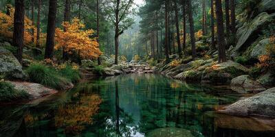 Serene woodland landscape features a tranquil pond surrounded by autumn foliage and towering trees photo