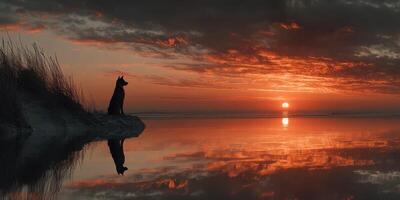 Dog enjoys sunset view by calm waters at the beach during twilight hours photo