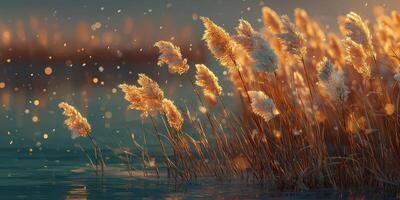 Golden reeds sway gently by the calm water under the soft light of sunset, creating a serene natural landscape photo