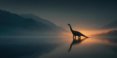 Dinosaur silhouette at dawn by a serene lake with mist and mountains in the background photo