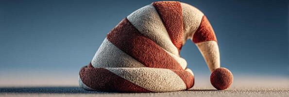 Unique striped hat with red and white pattern resting on a flat surface in soft lighting photo
