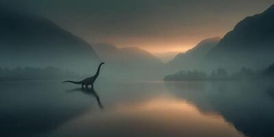 Mysterious creature emerges from misty lake at dawn surrounded by mountains photo