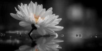 Stunning white flower resting on water surface with droplets in serene setting during early morning light photo