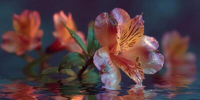 Beautiful flowers gently reflecting on calm water at twilight with soft lighting and vibrant colors photo