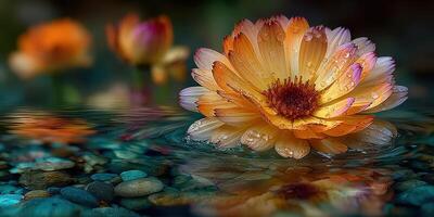 Colorful flower blooms in serene water with droplets reflecting natural beauty at a tranquil garden setting photo