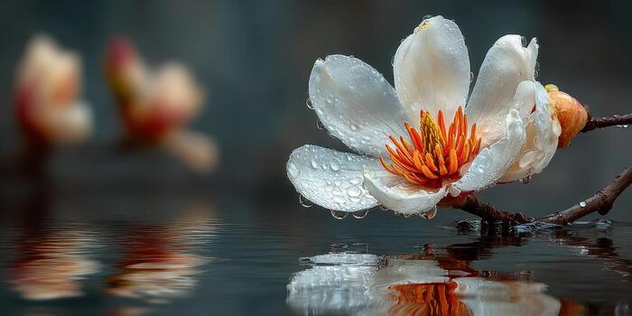 Delicate white flower with water droplets reflecting on serene surface in tranquil setting at sunrise photo