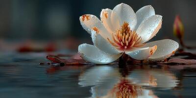 Beautiful white lotus flower with water droplets floating on calm pond surface during peaceful morning light photo