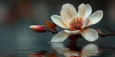 Beautiful magnolia flower with water droplets reflecting on tranquil surface in serene environment photo