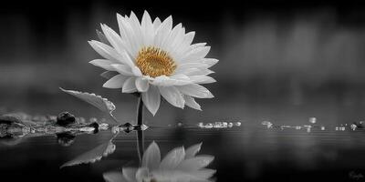 Elegant white water lily blossoms on calm water, showcasing intricate beauty and serene reflections photo