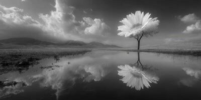 Beautiful solitary tree with a large flower reflected in a still pond under a dramatic sky at sunset photo