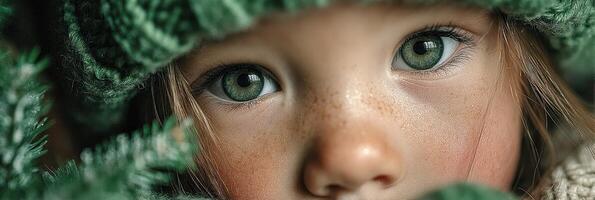 Child with captivating green eyes surrounded by nature in winter attire photo