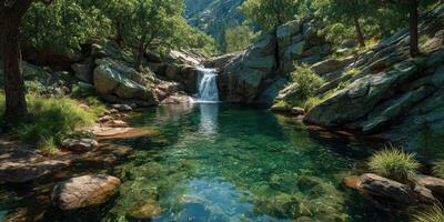 Serene waterfall cascading into a tranquil pool surrounded by lush greenery in a mountainous landscape photo