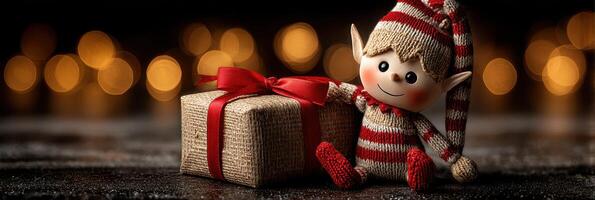 Festive elf with gift box set against a warm, glowing background during the holiday season in a cozy atmosphere photo