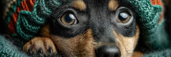 Cute dog wearing cozy green knit hat looks directly at camera with expressive eyes and relaxed demeanor photo