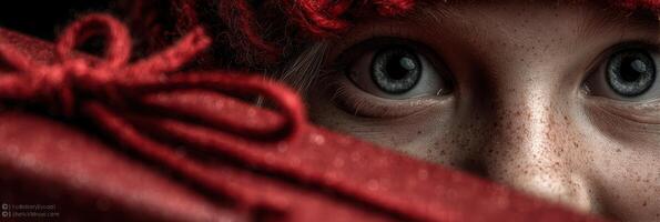 Child with blue eyes and freckles peeking from behind a red gift during a winter celebration photo