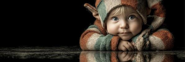 Cute young child with large eyes wearing colorful striped clothing and a playful knitted hat indoors photo