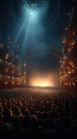 Audience eagerly awaits a performance in a grand theater illuminated by soft stage lights photo
