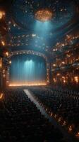 Audience eagerly awaits performance in ornate theater with stunning stage lighting photo