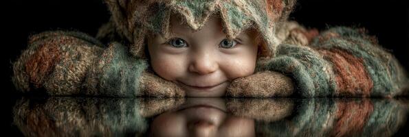 niño con alegre sonrisa descansando en manos mientras vistiendo acogedor invierno atuendo en contra oscuro antecedentes foto