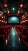 elegante Clásico teatro interior con felpa rojo asientos y brillante luces en temprano noche ajuste foto