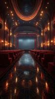 Elegant historic theater interior with red seats and grand stage illuminated in warm tones photo