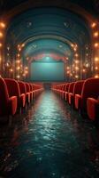 Beautiful vintage theater with water reflections and red seats inviting visitors on a quiet evening photo