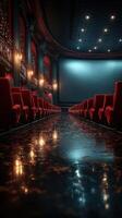 Elegant cinematic interior featuring red seating and reflective floor in a grand theater setting photo