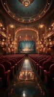 Elegant vintage theater with ornate architecture and illuminated stage at night photo