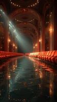 Reflection of elegance in a lavish venue during a fashion event with illuminated seating and shimmering water photo