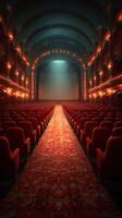 Luxurious theater interior showcasing empty red seats and dramatic lighting before a performance begins photo