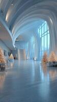 Modern architectural interior decorated for the holidays in a spacious with large windows showcasing winter scenery photo
