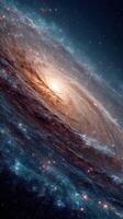 Magnificent view of a spiral galaxy with glowing core and swirling cosmic clouds in the vast universe photo