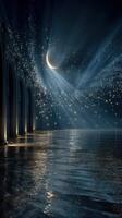 Starry night over tranquil waters with a crescent moon illuminating an archway photo